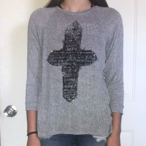 Super soft, thin, grey shirt with cross